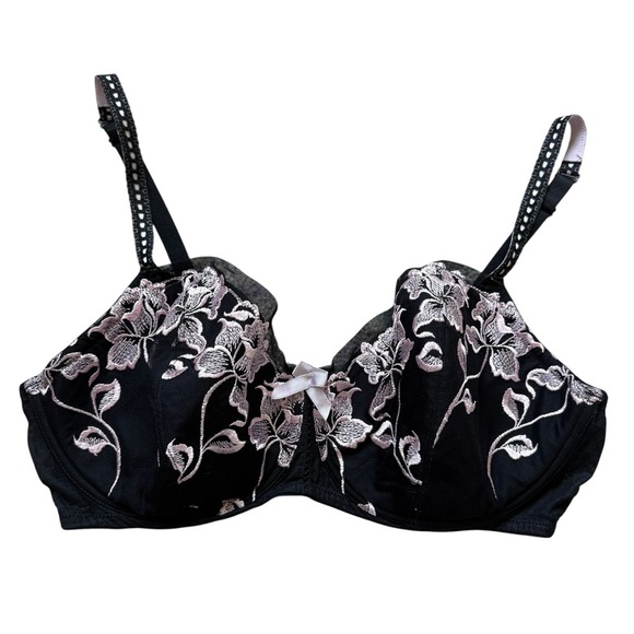 Cacique Women's Black & Pink Floral Embroidered Underbust Bra 42DD Unlined - Picture 1 of 7